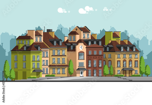 European city with historical buildings. Traditional architecture landscape. Flat vector illustration. 3d style.