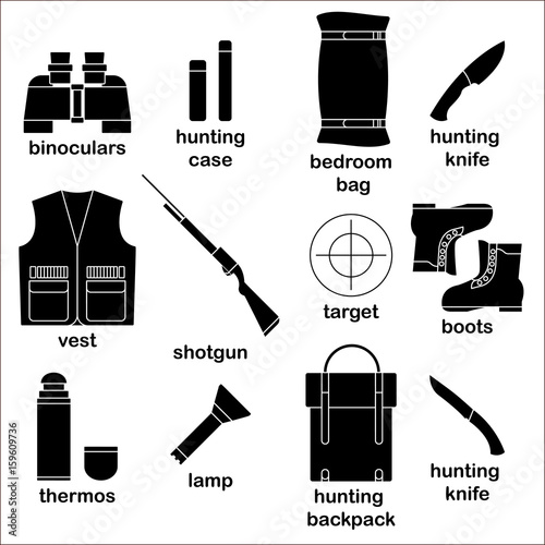 Hunting icon set Vector illustration Set of silhouette icons with different modern hunter equipment on white background