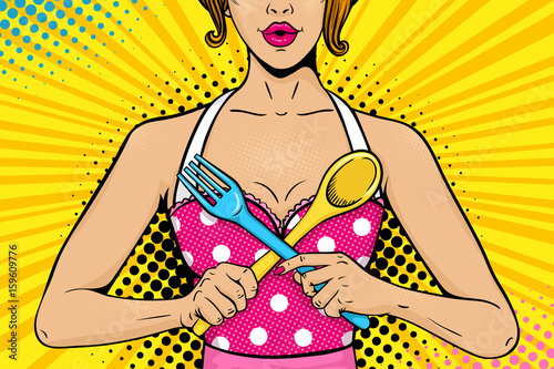Closeup of sexy woman housewife with open mouth in apron holding big fork and spoon crossing. Vector colorful background in pop art retro comic style. Cook battle invitation poster.