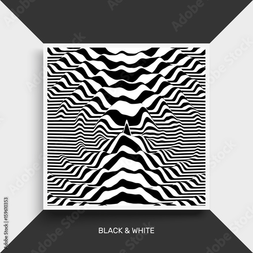 Waveform background. Surface distortion. Pattern with optical illusion. Vector striped illustration. Black and white sound waves. Cover design template.