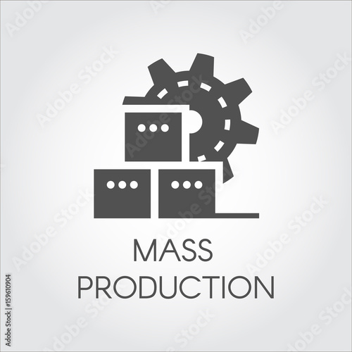Black Icon in flat style of gear wheel and boxes. Mass production and modern machinery equipment concept. Pictogram or infographic element. Vector illustration