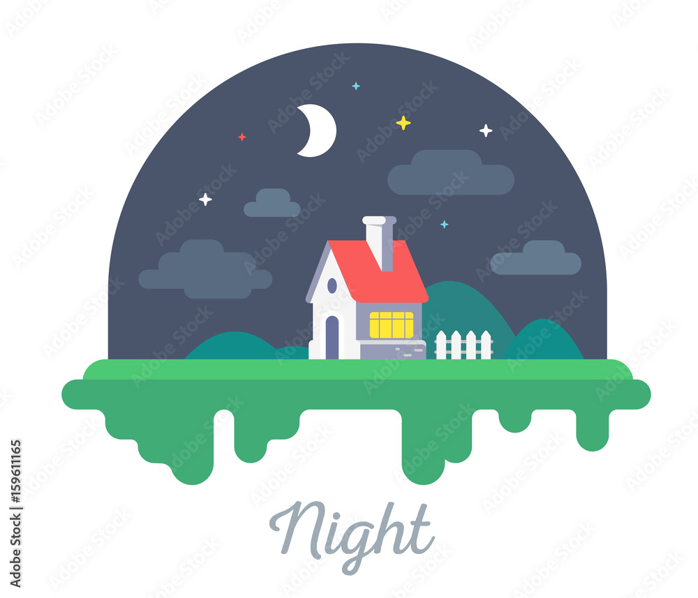 Vector beautiful illustration of  house with chimney and fence on green grass. Night countryside concept with dark sky, stars and  clouds on white background.