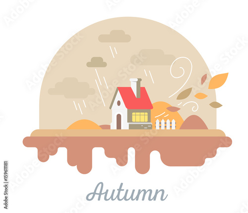 Vector seasonal illustration of beautiful house with chimney and fence. Autumn season concept with flying orange leaves on white background. Family suburban home.