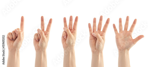 Beautiful female hand count from one to five gesture. Isolated on white background