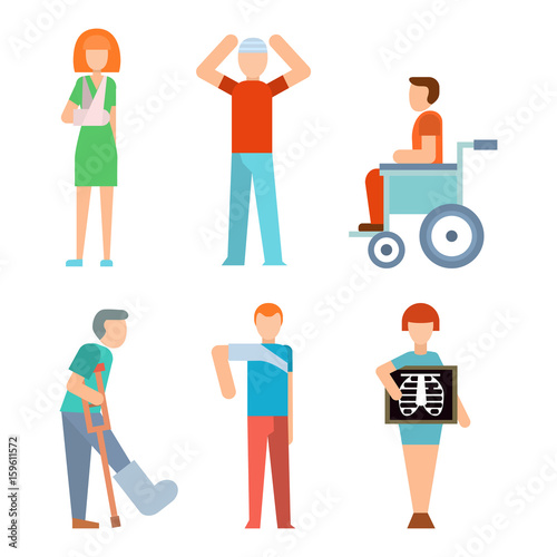 Trauma accident fracture human disabled people vector silhouette cartoon flat style illustration.