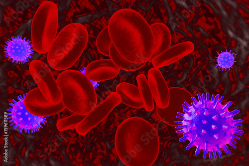 Blue viruses in blood, 3D illustration
