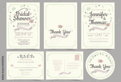 Wedding invitation card minimalist style. Bridal shower card. rsvp card. Thank you sticker.Front and Back template. for sweet couple concept .Vector/Illustration