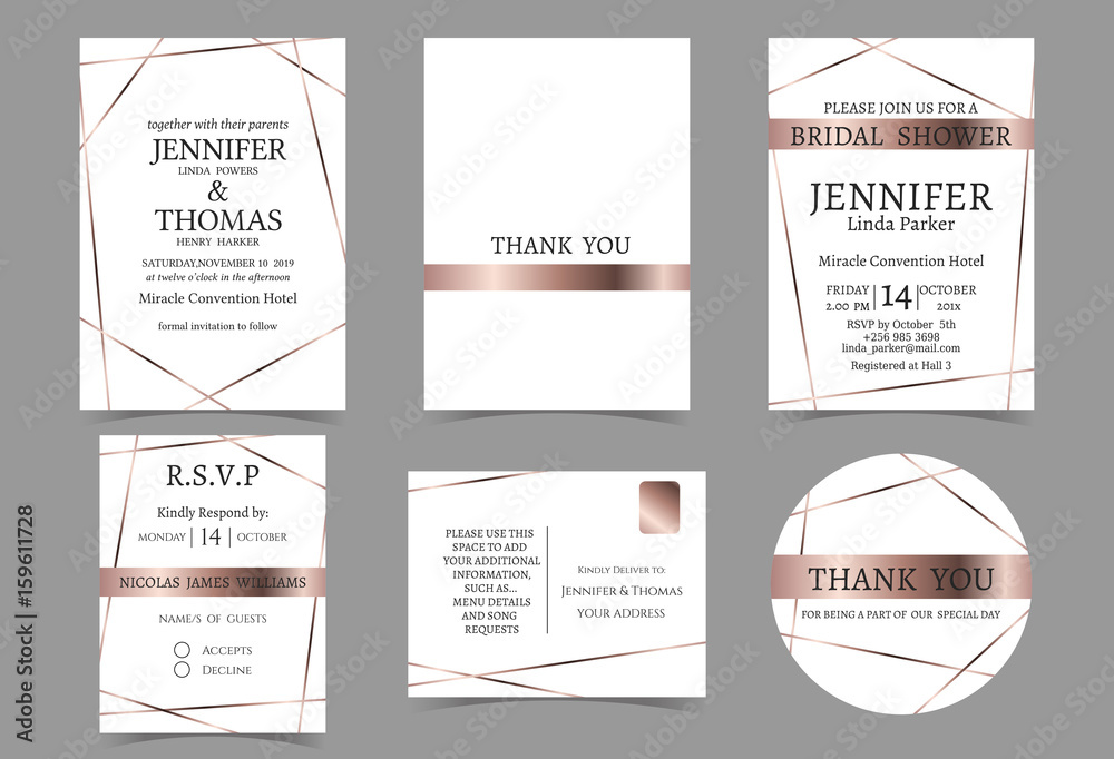 Wedding Invitation Card with Rose Gold and White Color tone. Bridal Shower Invitation Card. RSVP card .Thank you sticker.Vector/Illustration