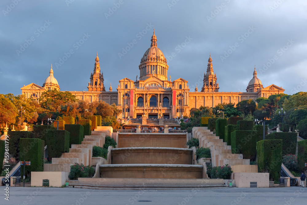 Spain square or Placa De Espanya in the golden hour at sunset, with the National Museum, in Barcelona, Spain
