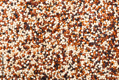 food background of uncooked quinoa, top view