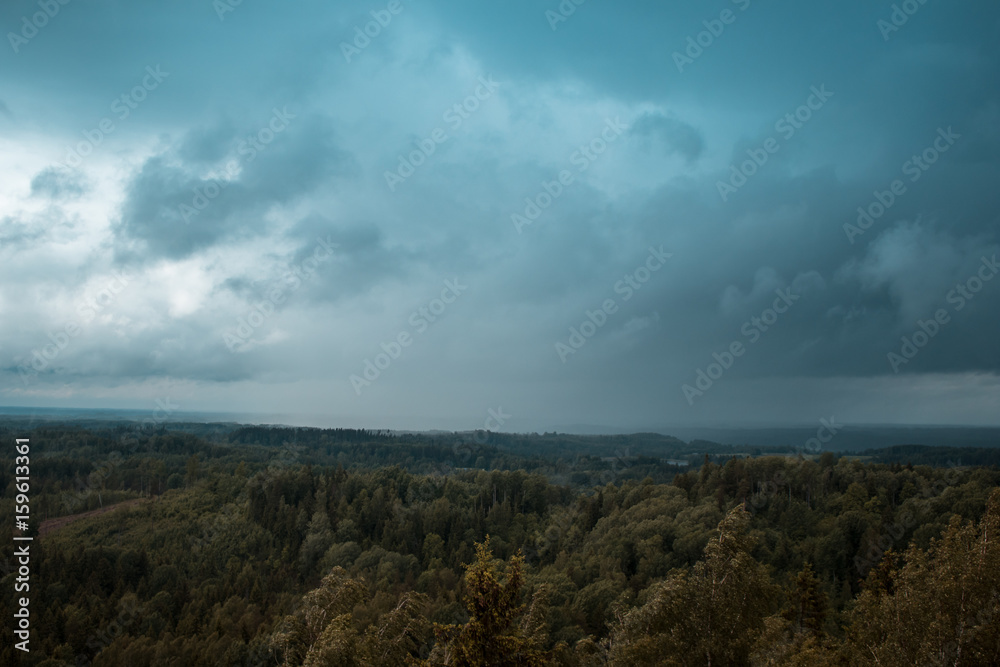 aerial view over the green forest in evening. Raining. Cloudy mystery. Landscapes of Latvia