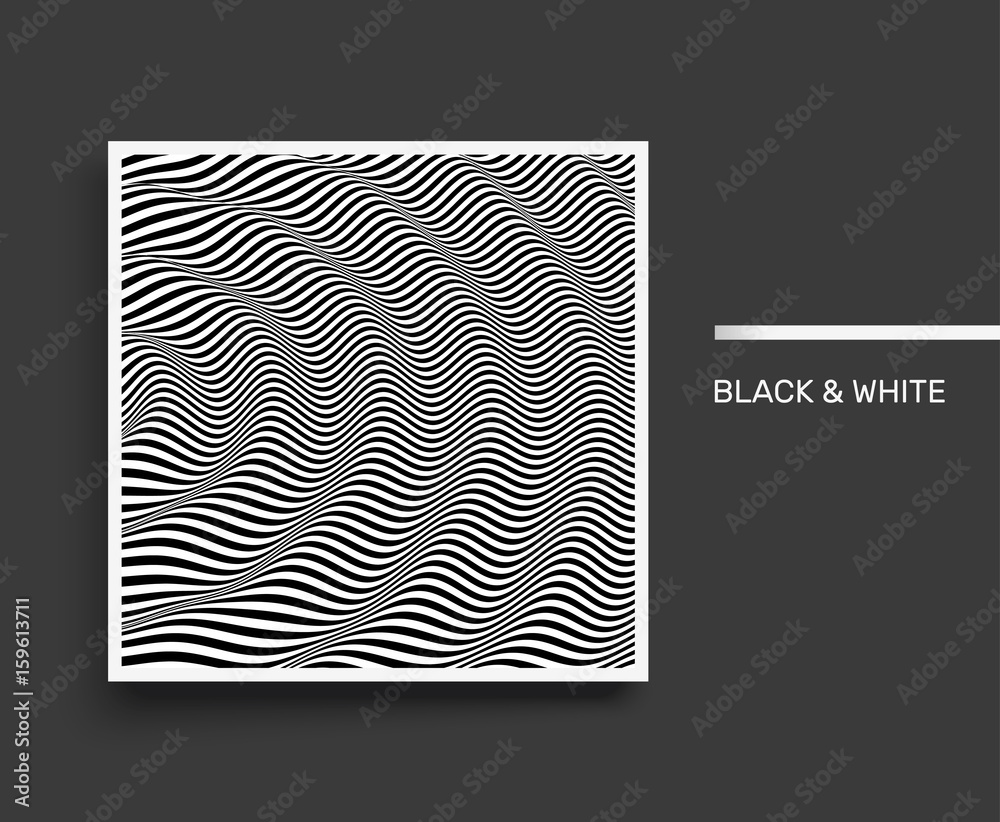 3D wavy background. Dynamic effect. Black and white design. Pattern with optical illusion. Cover design template. Vector Illustration.