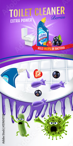 Berries fragrance toilet cleaner ads. Cleaner bobs kill germs inside toilet bowl. Vector realistic illustration. Vertical poster.