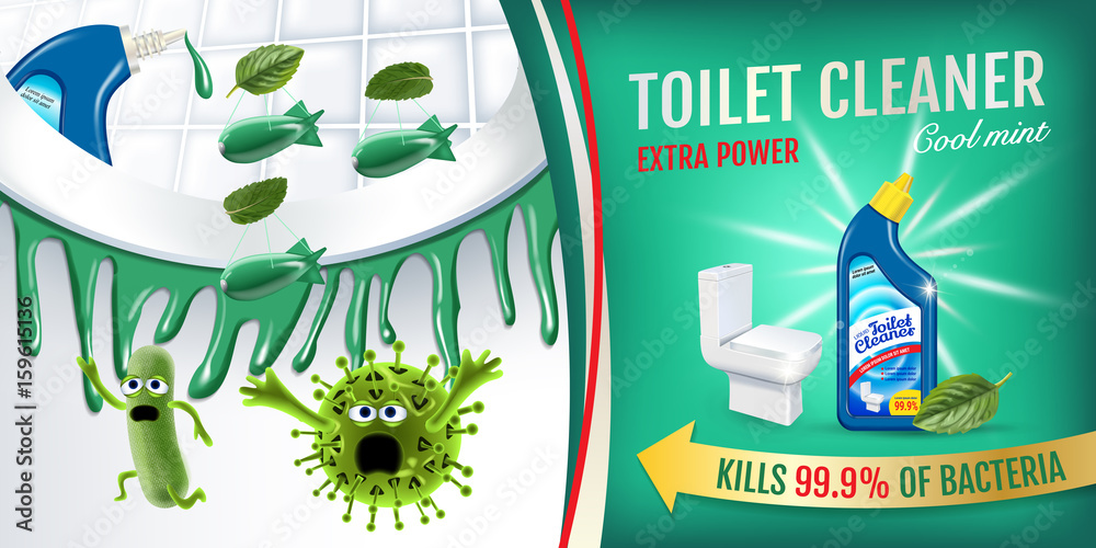 Cool mint fragrance toilet cleaner ads. Cleaner bobs kill germs inside toilet bowl. Vector