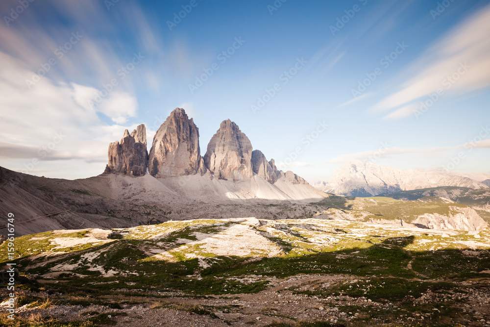 Panoramic view of Tre Cime at cloudy sunny morning