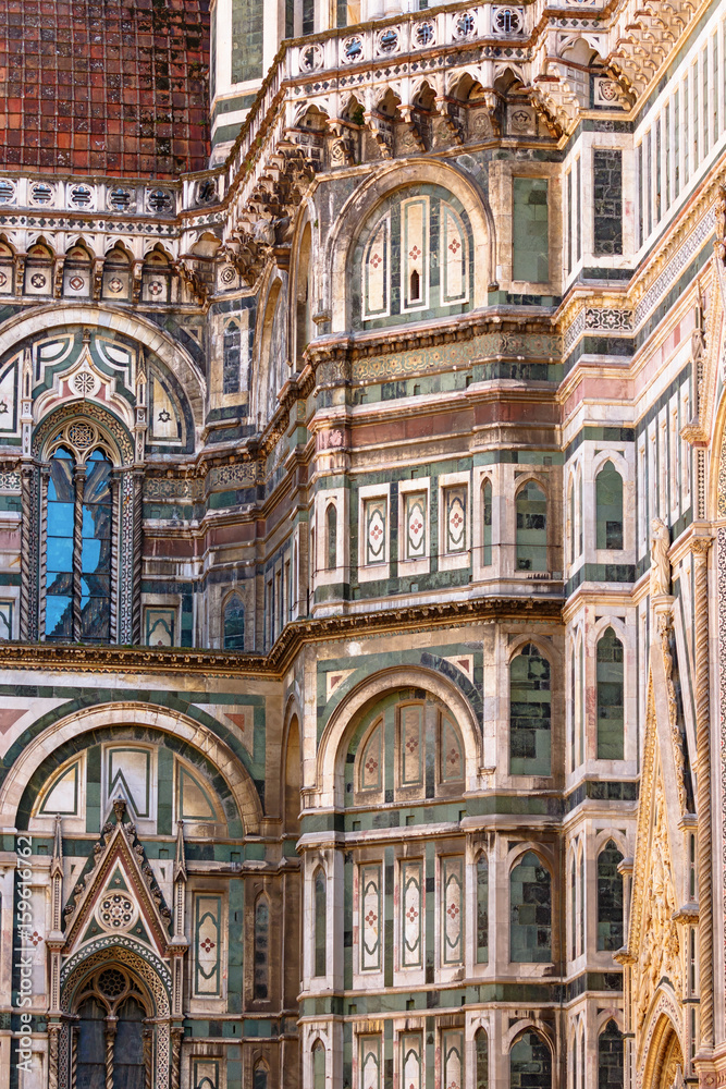 Ornate façade on Cattedrale di Santa Maria del Fiore in Florence, Italy