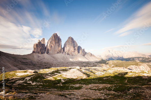 Panoramic view of Tre Cime at cloudy sunny morning