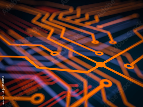 Circuit board futuristic server code processing. Orange, green, blue technology background with bokeh. 3d Illustration