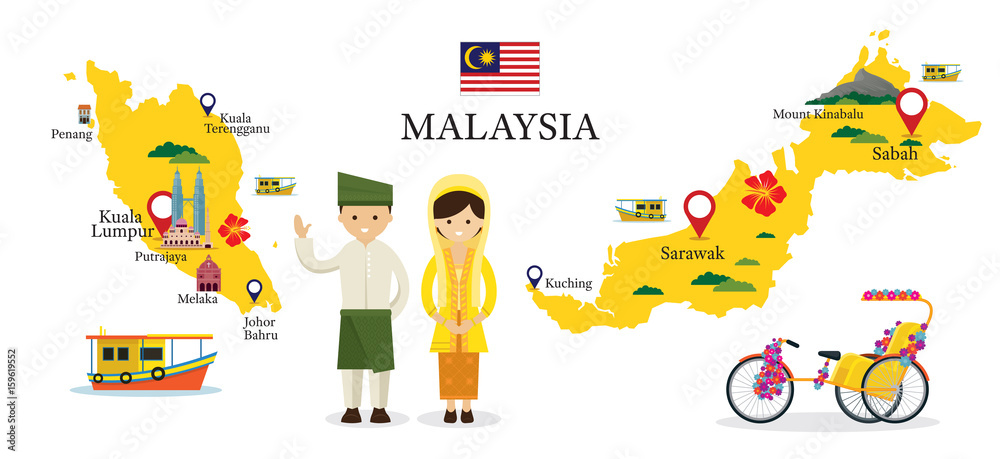 Malaysia Map and Landmarks with People in Traditional Clothing Malaysia Map and Landmarks with People in Traditional Clothing
