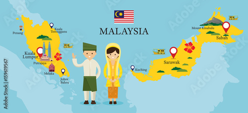 Malaysia Map and Landmarks with People in Traditional Clothing