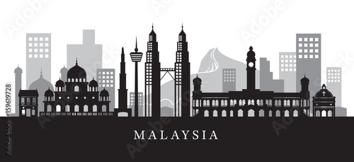 Malaysia Landmarks Skyline in Black and White Silhouette