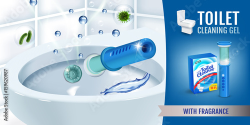 Fresh fragrance toilet cleaner gel disc ads. Vector realistic Illustration with toilet bowl gel dispenser and gel discs.