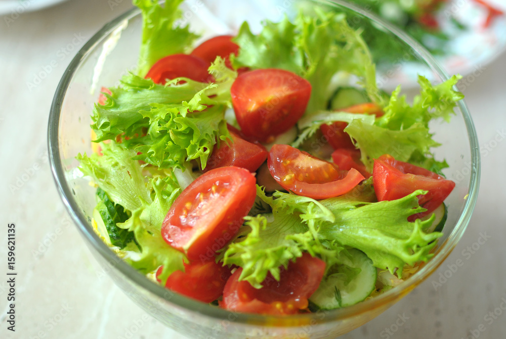 fresh vegetable salad with tomato, cucumber and salad frisee fresh vegetable salad with tomato, cucumber and salad frisee