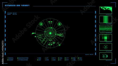 Looping, reversible single-panel wireframe display of modular element with related readouts and indicators.