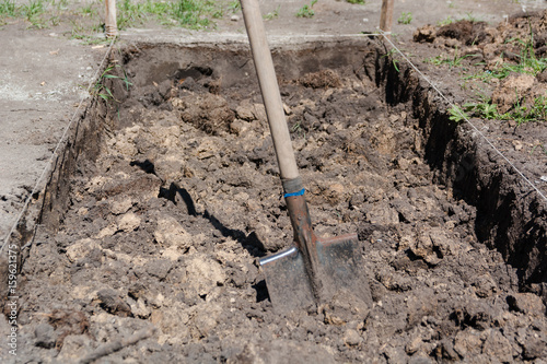 Shovel in the earth. A hole with a shovel.