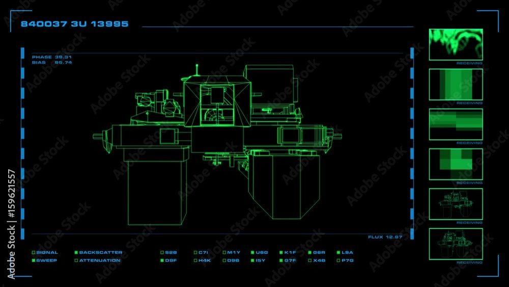 Looping, reversible single-panel wireframe display of modular element with related readouts and indicators. Looping, reversible single-panel wireframe display of modular element with related readouts and indicators.