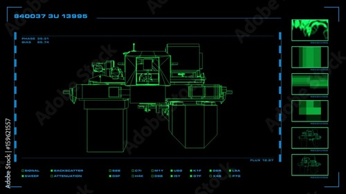 Looping, reversible single-panel wireframe display of modular element with related readouts and indicators.