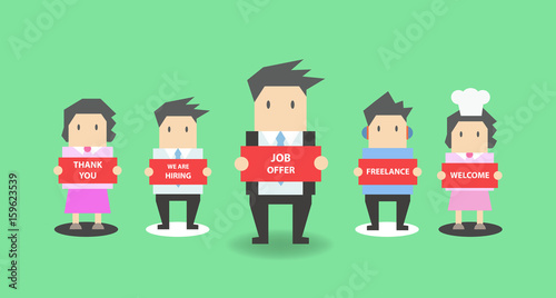 Business Man and Business Woman hold a thank you, hiring, job offer, freelance, welcome post signs.  Set of cute cartoon businessman in various poses for use in sales, web, slide, presentations, etc.