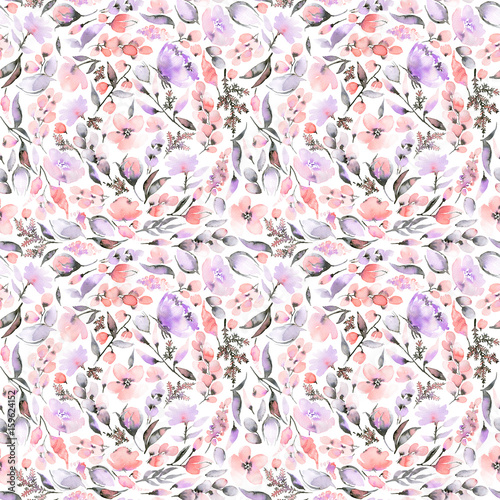 Seamless pattern with pink flowers and leaves. Illustration can be used for gift wrapping, background of web pages, as a print for any printing products.