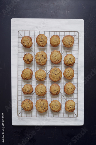 Overhead view of baking sheet with chocolate cookies