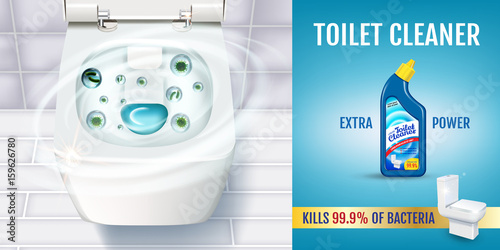 Fresh fragrance toilet cleaner gel ads. Vector realistic Illustration with top view of toilet bowl and disinfectant container. Horizontal banner.
