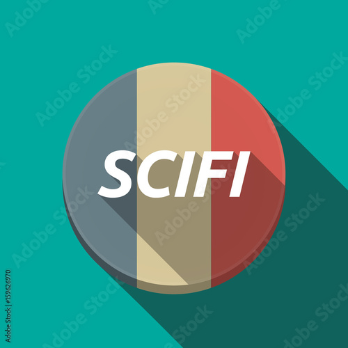 Long shadow  round button with    the text SCIFI