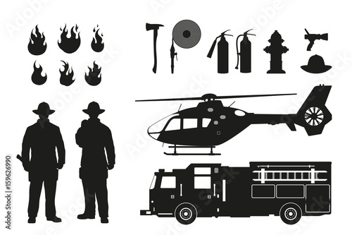 Black silhouette of firefighters and fire fighting equipment on white background. Helicopter and firemans car. Icons of flame and items