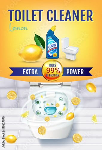 Citrus fragrance toilet cleaner gel ads. Vector realistic Illustration with top view of toilet bowl and disinfectant container. Vertical poster.