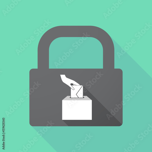 Long shadow lock with  a hand inserting an envelope in a ballot box
