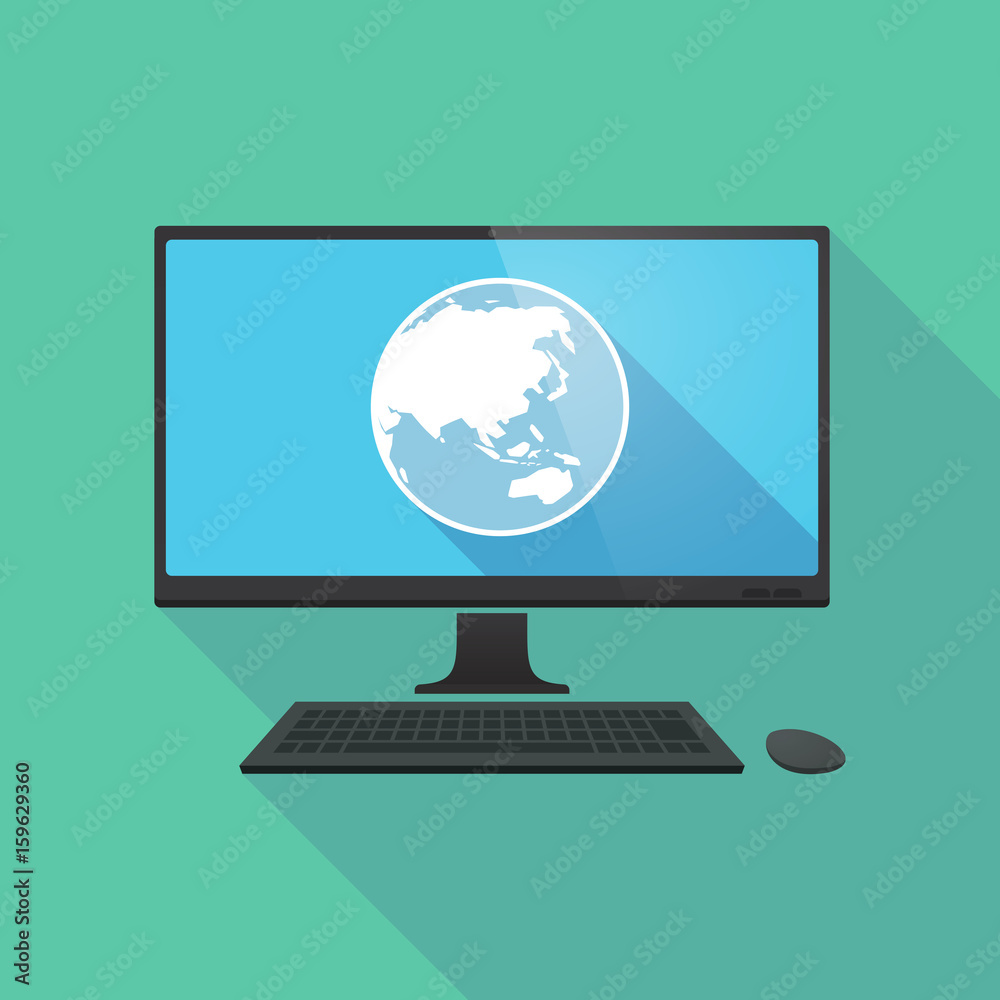 Long shadow computer with an Asia Pacific world globe map Long shadow computer with an Asia Pacific world globe map