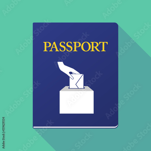 Long shadow passport with  a hand inserting an envelope in a ballot box