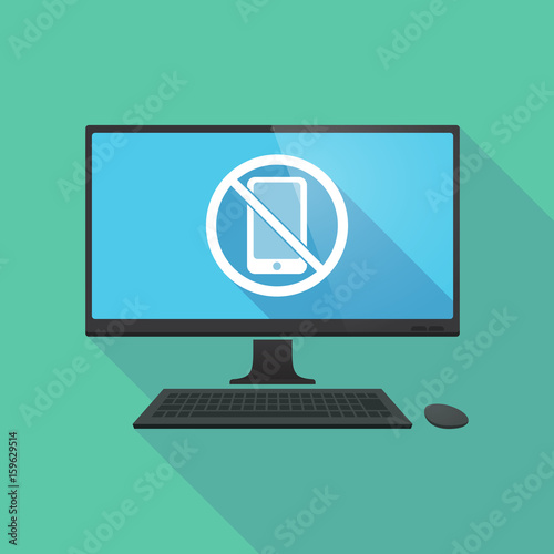 Long shadow computer with  a phone  in a not allowed signal