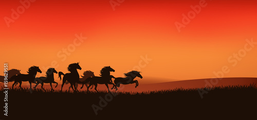 herd of running wild horses - editable vector illustration