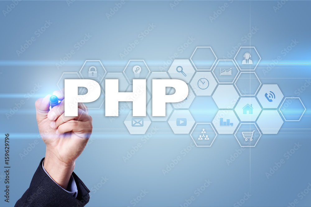 Businessman drawing on virtual screen. php concept. Businessman drawing on virtual screen. php concept.