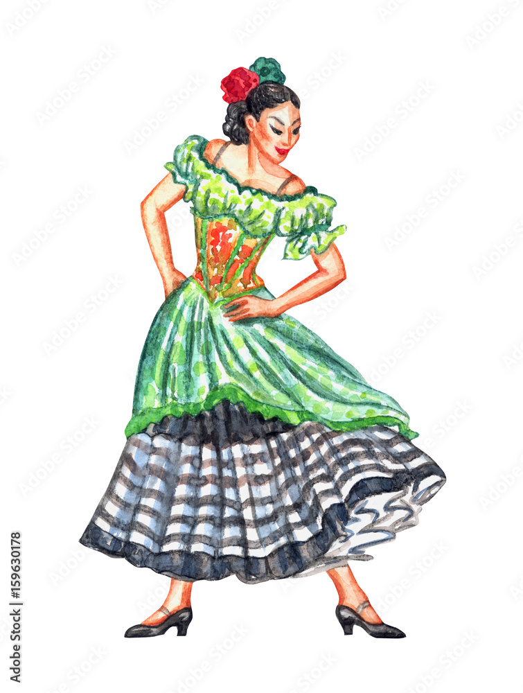 Female dancer in a Spanish national costume watercolor drawing on a white background. Stock Illustration Adobe Stock