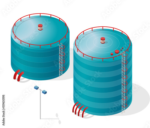 Water reservoir isometric building info graphic. Blue water reservoir. White water supply resource. Pictogram industrial chemistry cleaner set with blue details. Flatten isolated master vector icon.