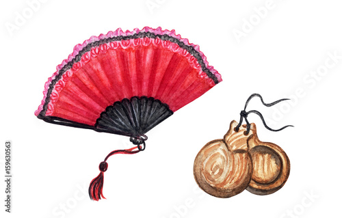 Spanish fan and castanets, accessories for flamenco, watercolor drawing on a white background.