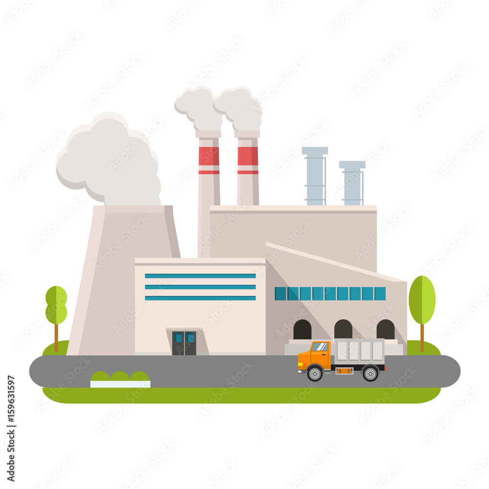 Industrial factory in flat style a vector an illustration.Plant or Factory Building. road tree window facade.Manufacturing factory building. industrial building concept.Eco style factory line