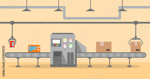 The factory conveyor on packing in flat style. Conveyor Automatic Production Line with Cardboard Boxes.Production Process on the Line Conveyor.Industrial machine.engineering vector illustration
