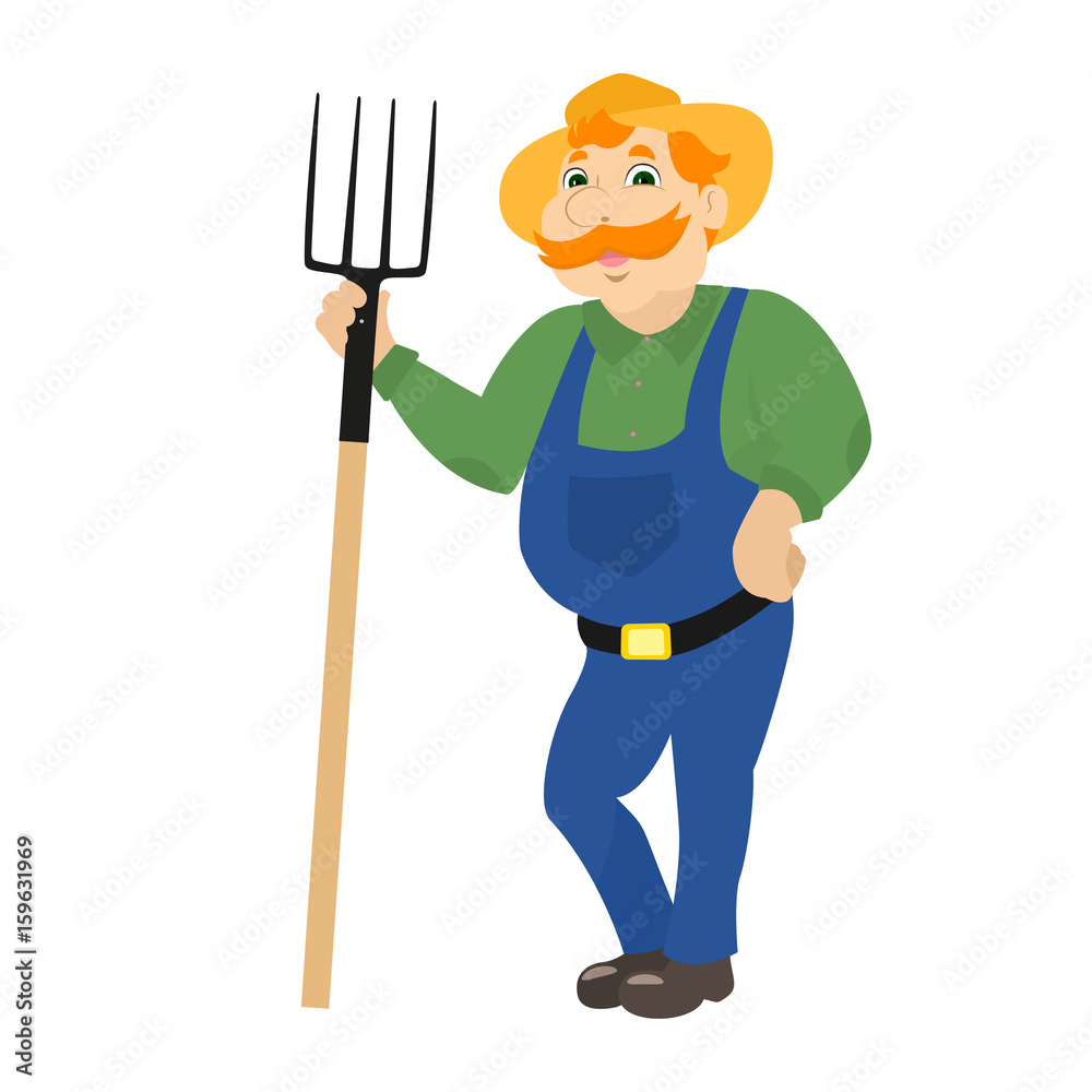 Vector cartoon farmer standing with pitchforks Vector cartoon farmer standing with pitchforks